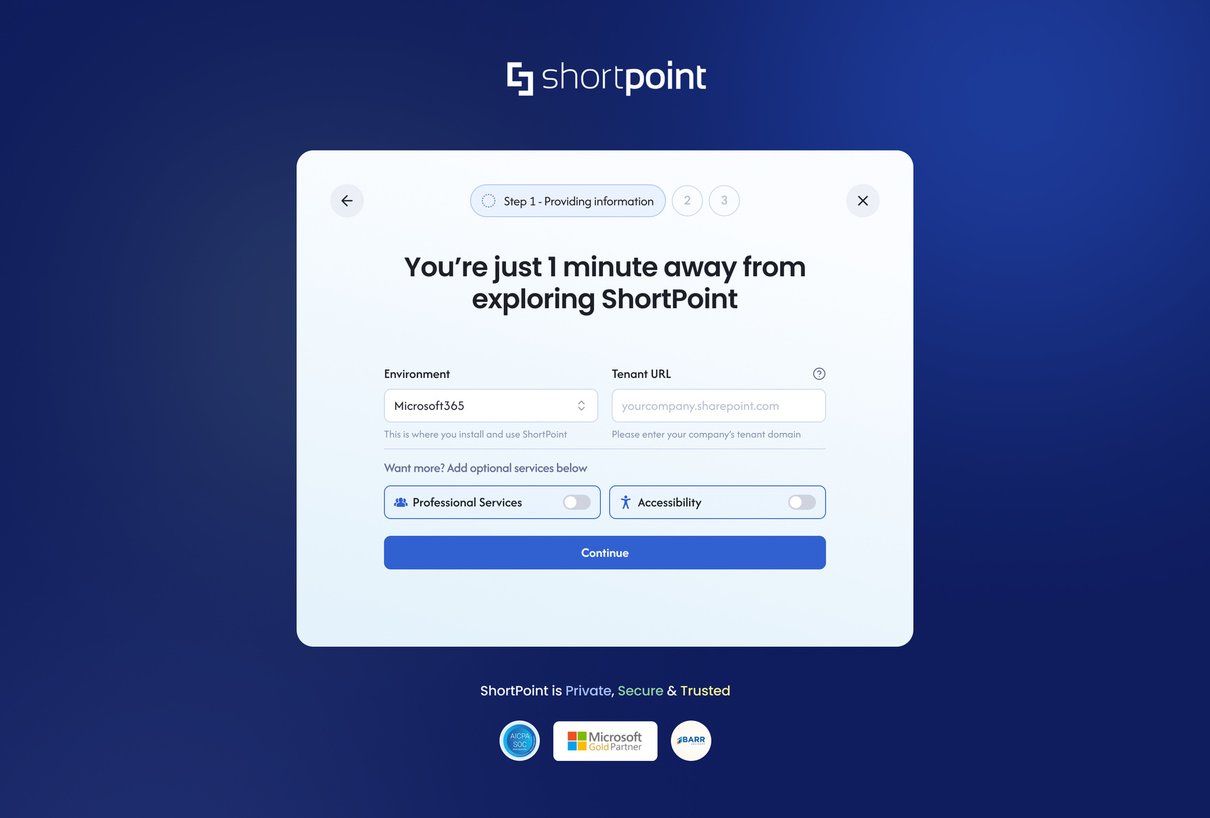 ShortPoint onboarding step, environment and tenant setup