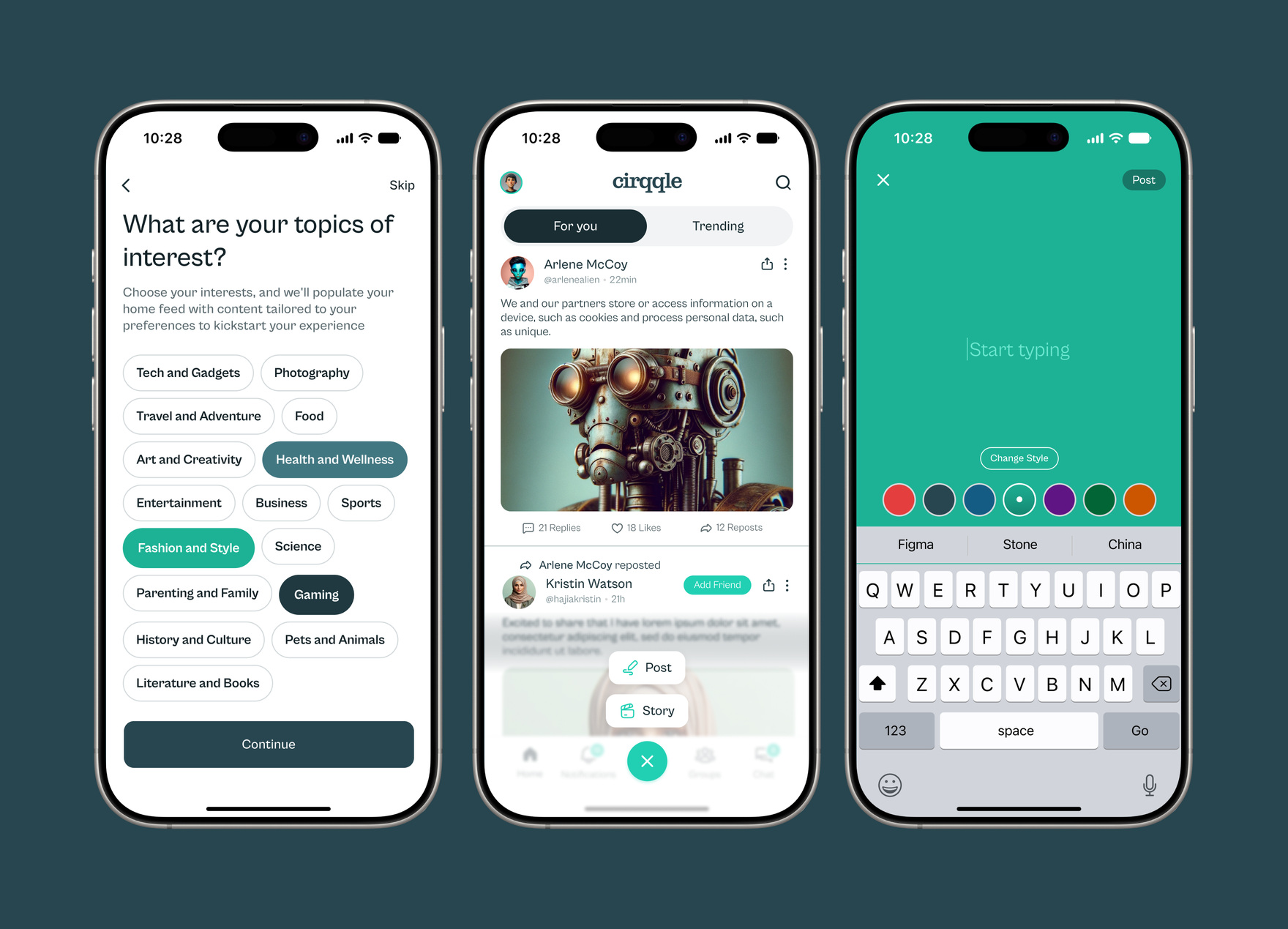 Cirqqle app onboarding, feed, and post composer screens