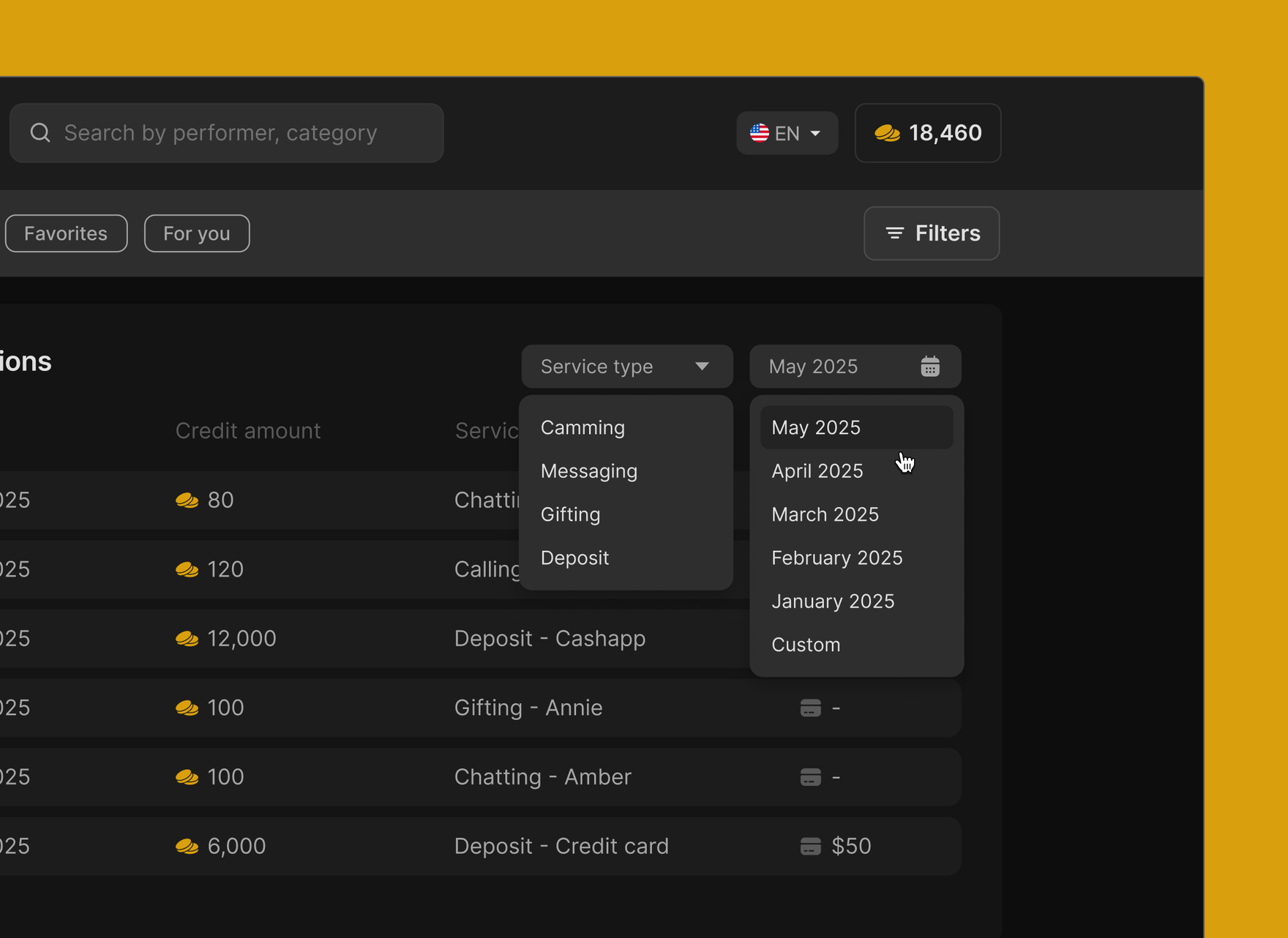 Credits and transaction history panel with service type and date filters