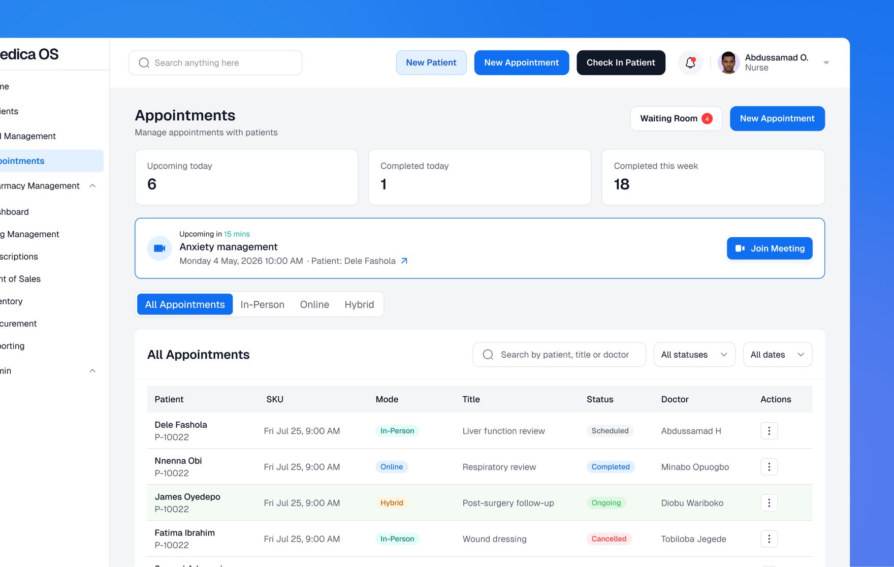 Appointments dashboard with upcoming, completed, and all-appointments views