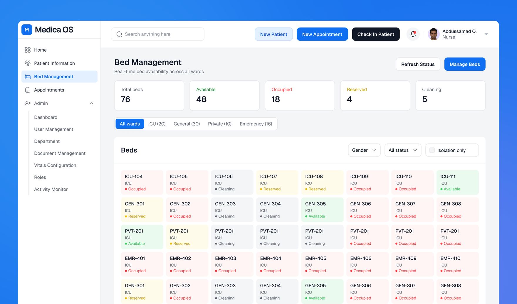 Bed management board showing real-time bed status across ICU, General, Private, and Emergency wards