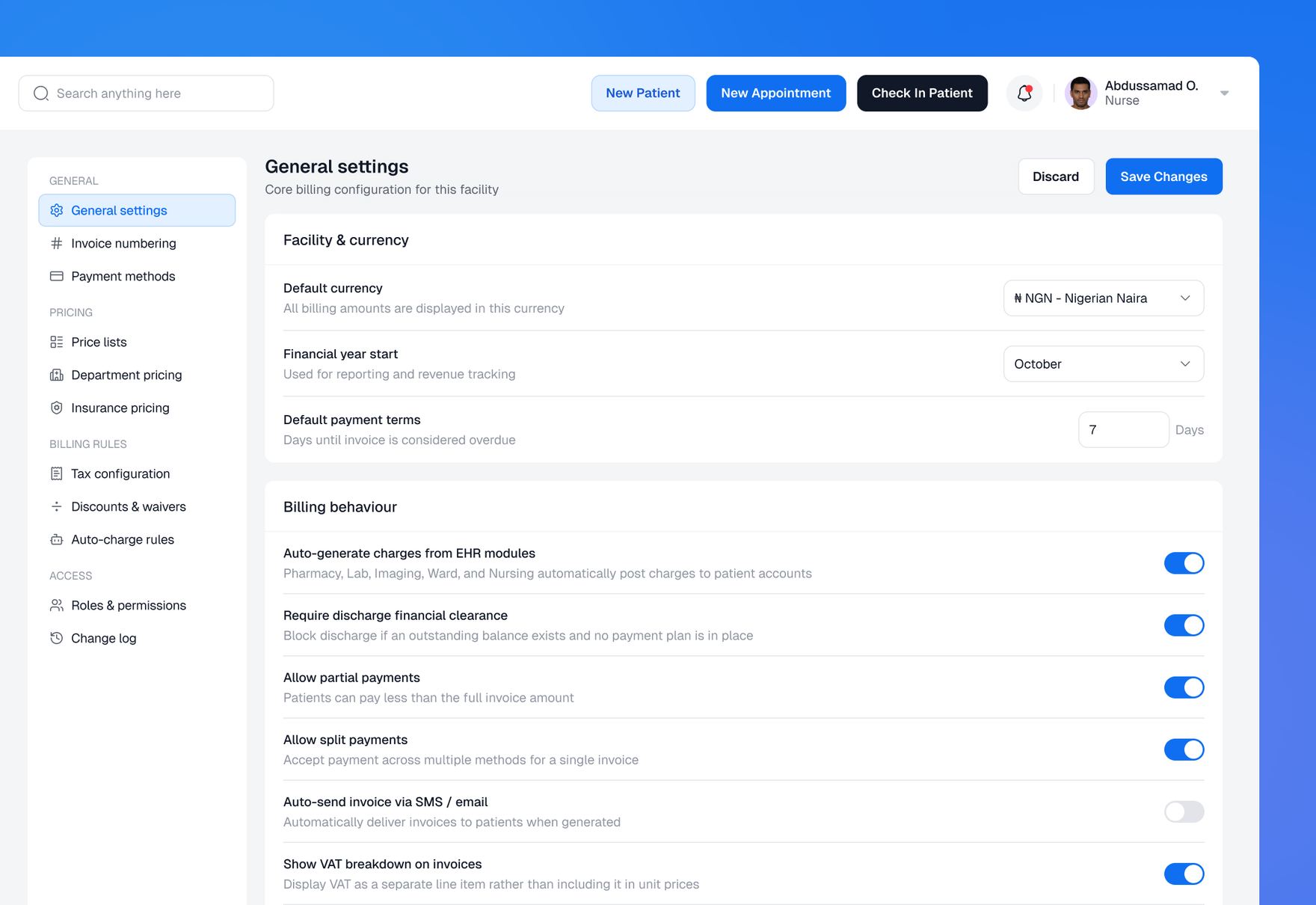 Billing settings screen showing facility currency, payment terms, and billing behavior toggles