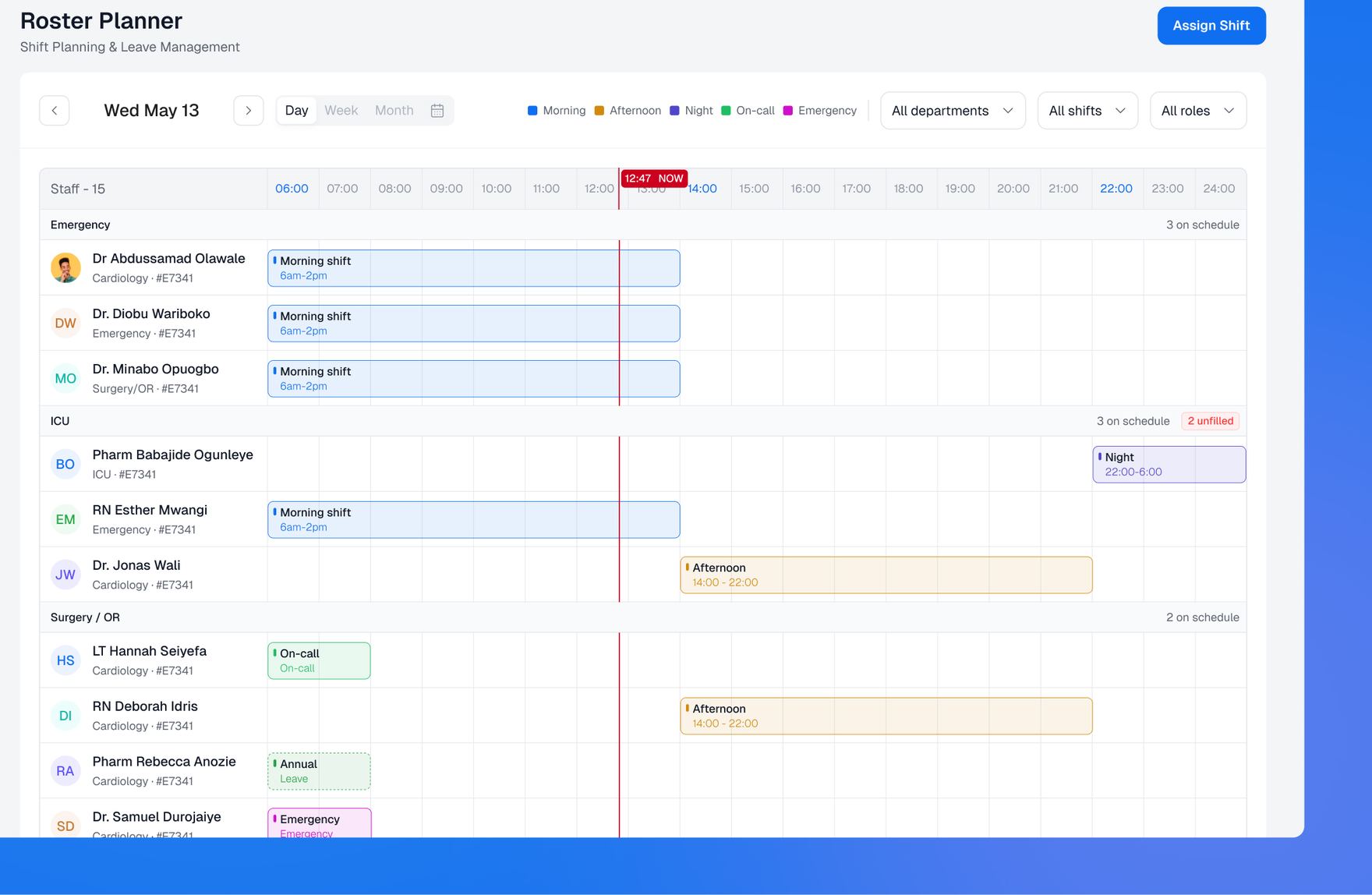 Roster planner day view showing staff shifts by department across a single day's timeline