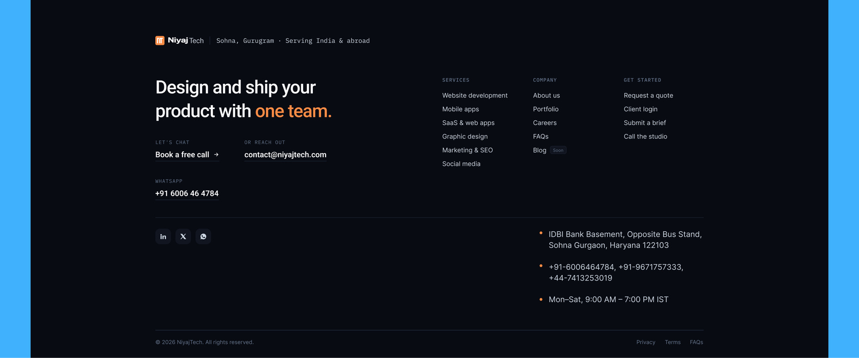 Footer, closing on a direct statement and real contact details