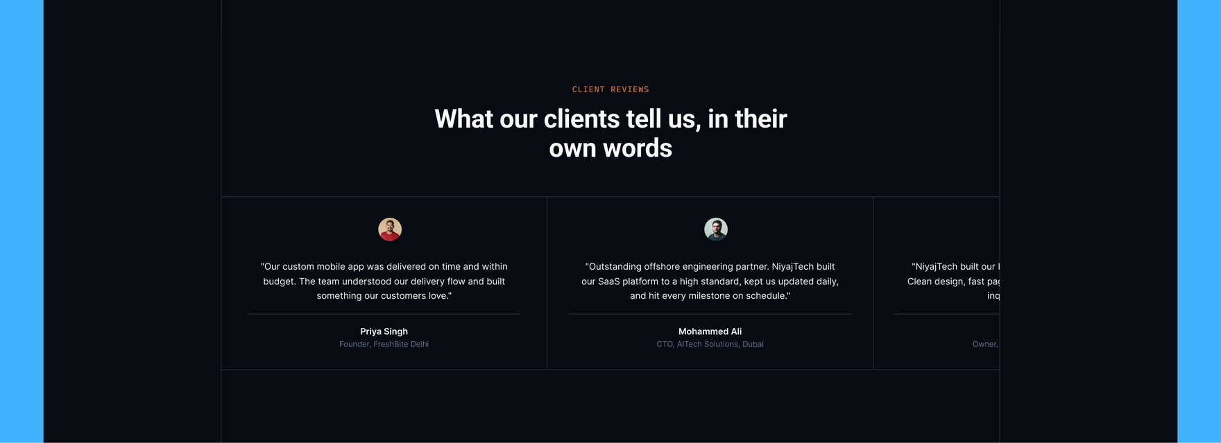 Client testimonials from founders and CTOs across Delhi, Dubai, and beyond