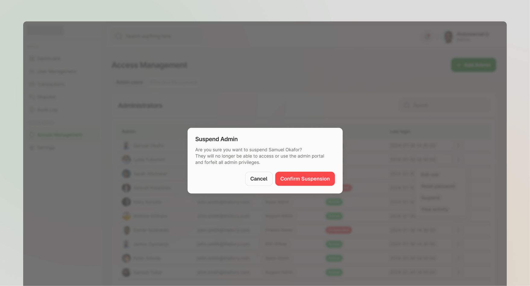 Suspend Admin confirmation dialog for revoking an administrator's access and privileges