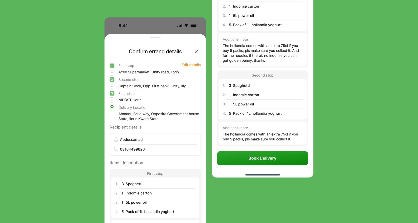 Confirm errand details screen showing multiple stops, itemized shopping lists, and notes for the runner at each stop
