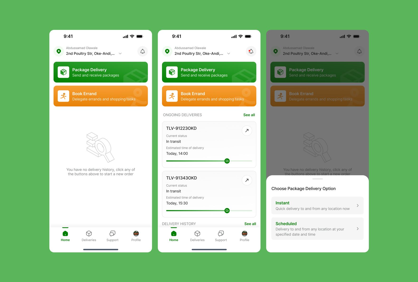Home screen showing ongoing deliveries in transit with live progress and estimated delivery time, alongside the instant or scheduled delivery choice