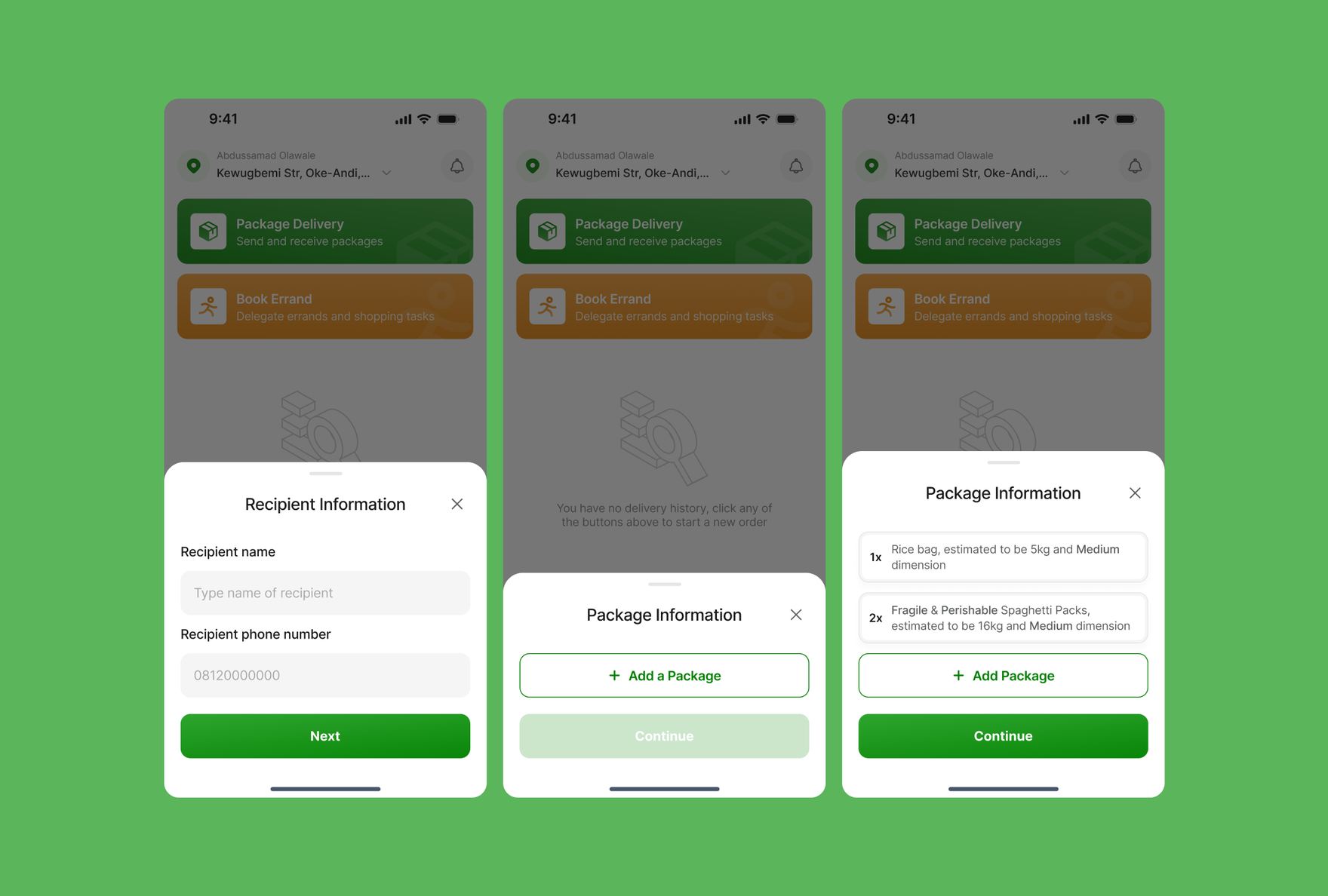 Recipient information and package details modals, including support for adding multiple packages to one order