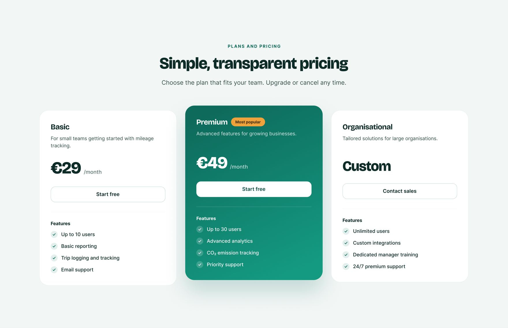 Pricing page showing Basic, Premium, and Organisational tiers with feature comparisons